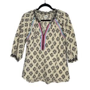 Ivy Jane Boho Smocked Peasant Cotton Embroidered Puffy Sleeve Top Size Medium